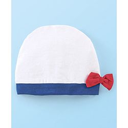Babyhug 100% Cotton Jersey Knit Sleeveless Frock with Bloomer & Cap  -White & Blue