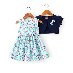 Babyhug 100% Cotton Knit Floral Printed Frock with Half Sleeves Shrug - Blue