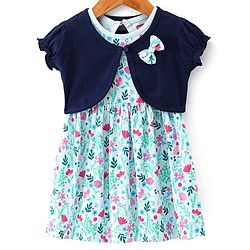 Babyhug 100% Cotton Knit Floral Printed Frock with Half Sleeves Shrug - Blue