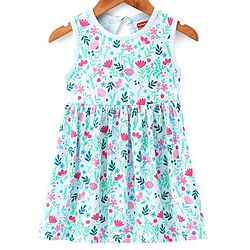 Babyhug 100% Cotton Knit Floral Printed Frock with Half Sleeves Shrug - Blue