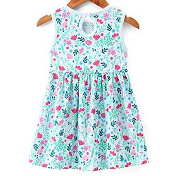 Babyhug 100% Cotton Knit Floral Printed Frock with Half Sleeves Shrug - Blue
