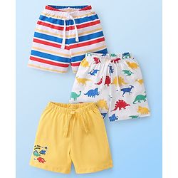Babyhug Cotton Knit Striped & Dino Printed Shorts Pack of 3 - Multicolour