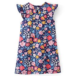 Babyhug Cotton Knit Flutter Sleeve Nighty Floral Print - Navy Blue