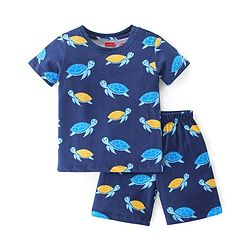 Babyhug Cotton Knit Half Sleeves Night Suit Turtle Print- Navy Blue