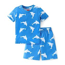 Babyhug Cotton Single Jersey Knit Half Sleeves Night Suit Marine Life Print - Blue