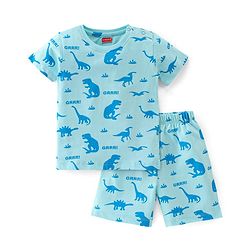 Babyhug Cotton Knit Half Sleeves Night Suit Dino & Text Print- Blue