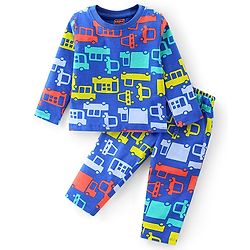 Babyhug Cotton Knit Full Sleeves Night Suit With Bus Print - Blue