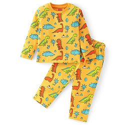 Babyhug Cotton Knit Full Sleeves Night Suit With Dino Print - Yellow