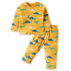 Babyhug Cotton Single Jersey Knit Full Sleeves Night Suit Dino Print - Yellow