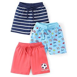 Babyhug Cotton Single Jersey Knit Shorts Stripes & Football Print Pack Of 3 - Blue & Red
