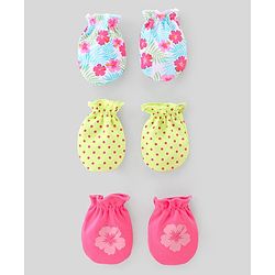 Babyhug 100% Cotton Knit Mittens Pack of 3 Floral Print - Multicolor