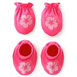 Babyhug 100% Cotton Knit Mittens & Booties Set Floral Print- Pink