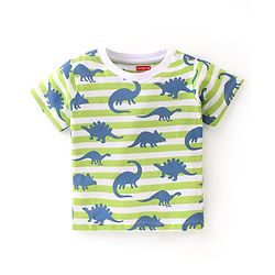 Babyhug Cotton Single Jersey Knit Half Sleeves Night Suit Stripes & Dino Print - Green & White