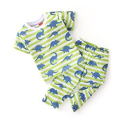 Babyhug Cotton Single Jersey Knit Half Sleeves Night Suit Stripes & Dino Print - Green & White