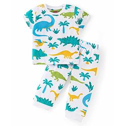 Babyhug Single Jersey Knit Half Sleeves Night Suit with Dino Print - White