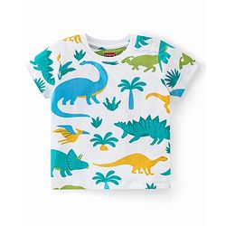 Babyhug Single Jersey Knit Half Sleeves Night Suit with Dino Print - White