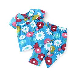 Babyhug Cotton Knit Half Sleeves Night Suit With Floral Print - Blue