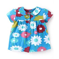 Babyhug Cotton Knit Half Sleeves Night Suit With Floral Print - Blue