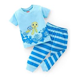 Babyhug Cotton Single Jersey Knit Half Sleeves Night Suit Stripes & Turtle Print - Blue