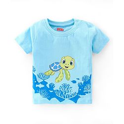 Babyhug Cotton Single Jersey Knit Half Sleeves Night Suit Stripes & Turtle Print - Blue