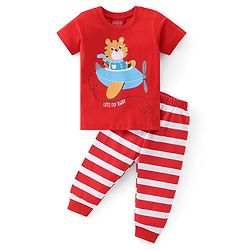 Babyhug Cotton Knit Half Sleeves Night Suit With Kitty Print - Red