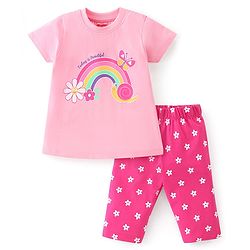 Babyhug Cotton Knit Half Sleeves Capri Night Suit With Rainbow Print - Pink