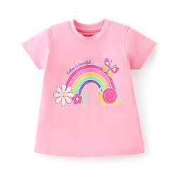 Babyhug Cotton Knit Half Sleeves Capri Night Suit With Rainbow Print - Pink