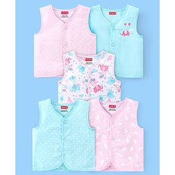 Babyhug 100% Cotton Front Open Sleeveless Jhablas Elephant & Polka Dots Print Pack of 5 - Multicolour