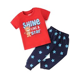Babyhug Single Jersey Cotton Knit Half Sleeves Night Suit Lion Print - Red  & Navy Blue