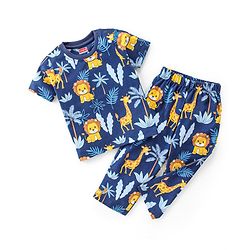 Babyhug Cotton Single Jersey Knit Half Sleeves Night Suit Jungle Safari Theme - Navy Blue