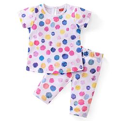 Babyhug Cotton Knit Single Jersey Half Sleeves Night Suit With Polka Dots - White