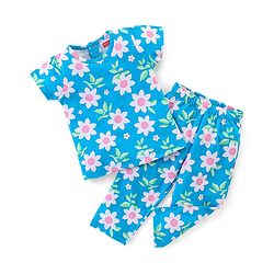 Babyhug Cotton Knit Single Jersey Half Sleeves Night Suit With Floral Print - Blue