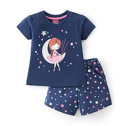 Babyhug Cotton Knit Half Sleeves Night Suit With Star Print - Navy Blue