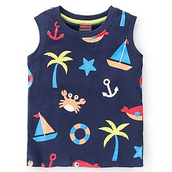 Babyhug 100% Cotton Knit  Sleeveless T-Shirt Boat Print - Blue