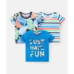 Babyhug 100% Cotton Knit Half Sleeves T-Shirt With Stripe & Text Graphics Pack Of 3 - Multicolour