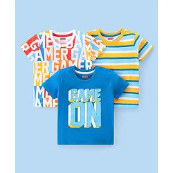 Babyhug 100% Cotton Knit Half Sleeves T-Shirt With Stripe & Text Graphics Pack Of 3 - Yellow & Blue