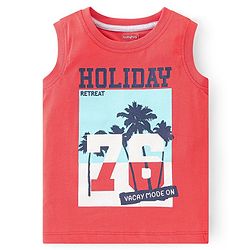 Babyhug Cotton Knit Sleeveless T-Shirt Beach Graphics Print - Red
