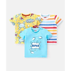 Babyhug 100% Cotton Knit Half Sleeves T-Shirt With Stripe & Text Graphics Pack Of 3 - Yellow & Blue