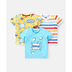 Babyhug 100% Cotton Knit Half Sleeves T-Shirt With Stripe & Text Graphics Pack Of 3 - Yellow & Blue