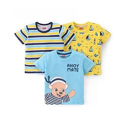 Babyhug Cotton Knit Half Sleeves T-Shirts Striped Teddy  & Boat Graphics Pack of 3  -  Multicolour