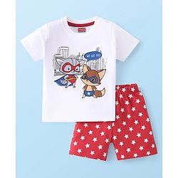 Babyhug Cotton Knit Half Sleeves Night Suit With Fox Print - White & Red