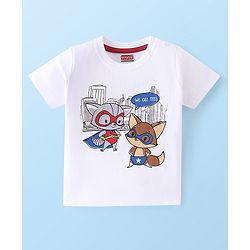 Babyhug Cotton Knit Half Sleeves Night Suit With Fox Print - White & Red