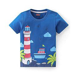 Babyhug Cotton Knit Half Sleeves T-Shirt Light House Print - Blue