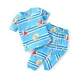 Babyhug Cotton Knit Half Sleeves Night Suit With Beach Theme Print - Blue
