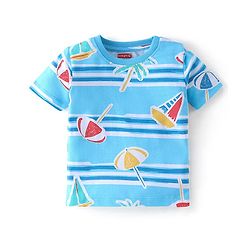 Babyhug Cotton Knit Half Sleeves Night Suit With Beach Theme Print - Blue