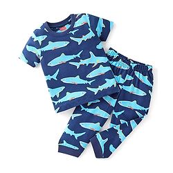 Babyhug Cotton Knit Half Sleeves Night Suit With Shark Print - Navy Blue