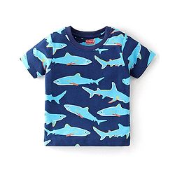 Babyhug Cotton Knit Half Sleeves Night Suit With Shark Print - Navy Blue