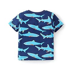 Babyhug Cotton Knit Half Sleeves Night Suit With Shark Print - Navy Blue