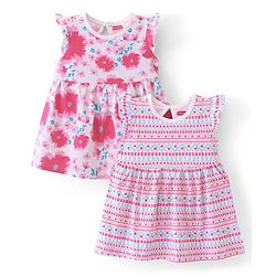 Babyhug  Cotton Jersey Knit Frill Sleeves Frock with Floral Print Pack of 2 - Multicolour