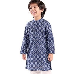 Babyhug 100% Cotton Woven Full Sleeves Kurta with Floral Print- Indigo